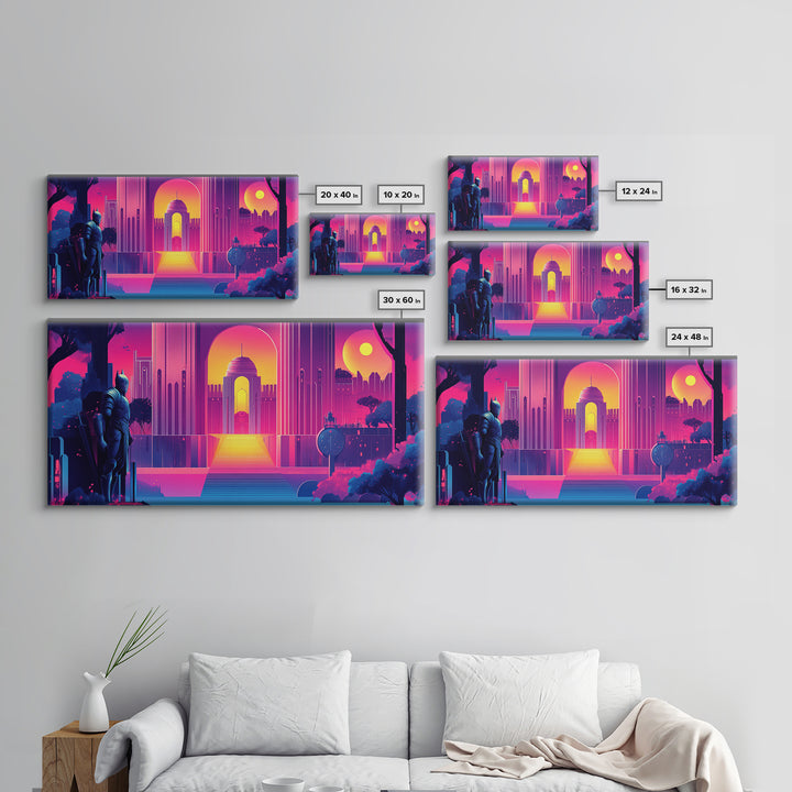 Neon Magenta Palace Guardian Canvas Print, Retro Futuristic Wall Art, Cyberpunk Decor, Gaming Room Art, Modern Gift For Him