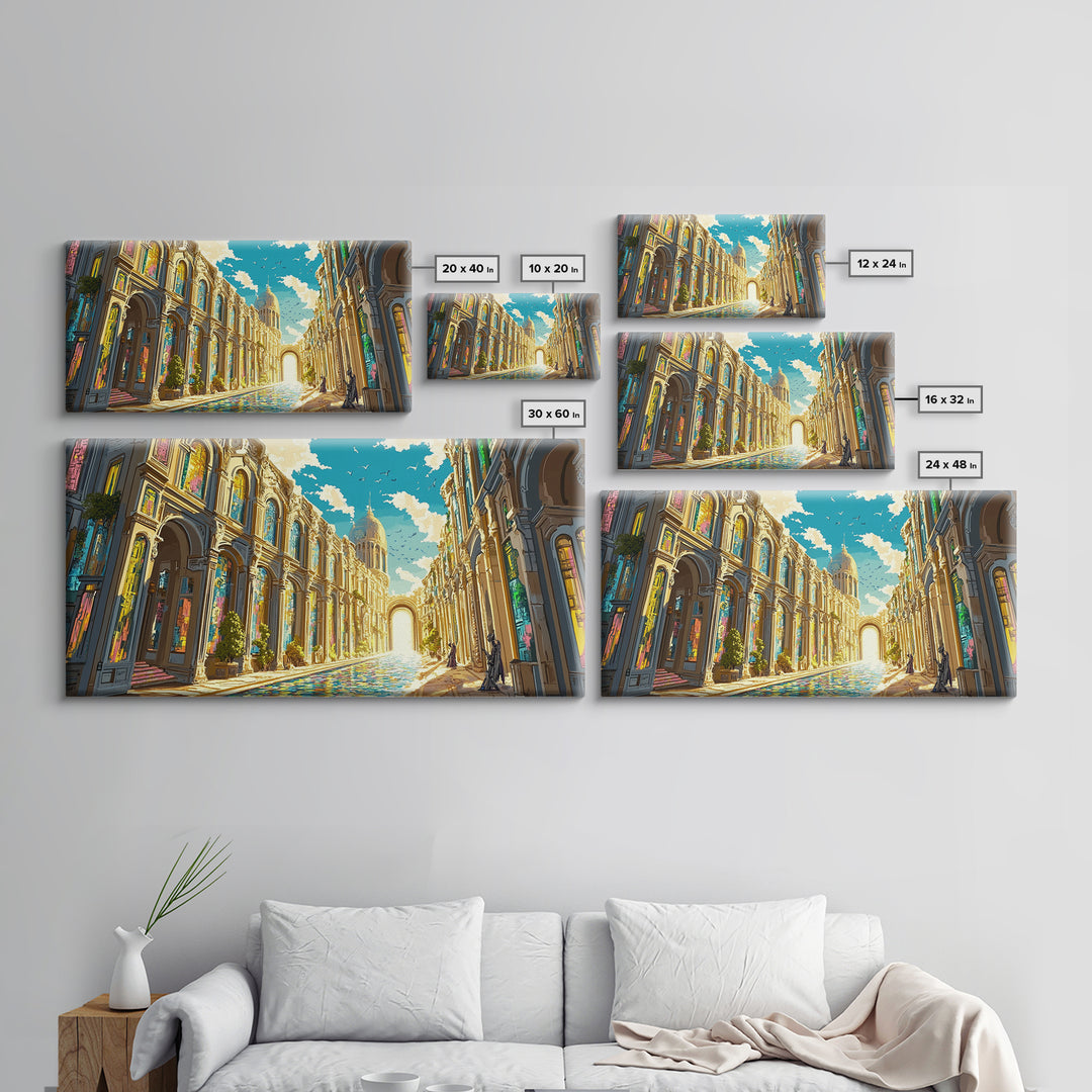 Ornate Sunlit Palace Canal Framed Canvas Print, European Wall Art, Fantasy Architecture Art, Living Room Decor, Large Wall Art