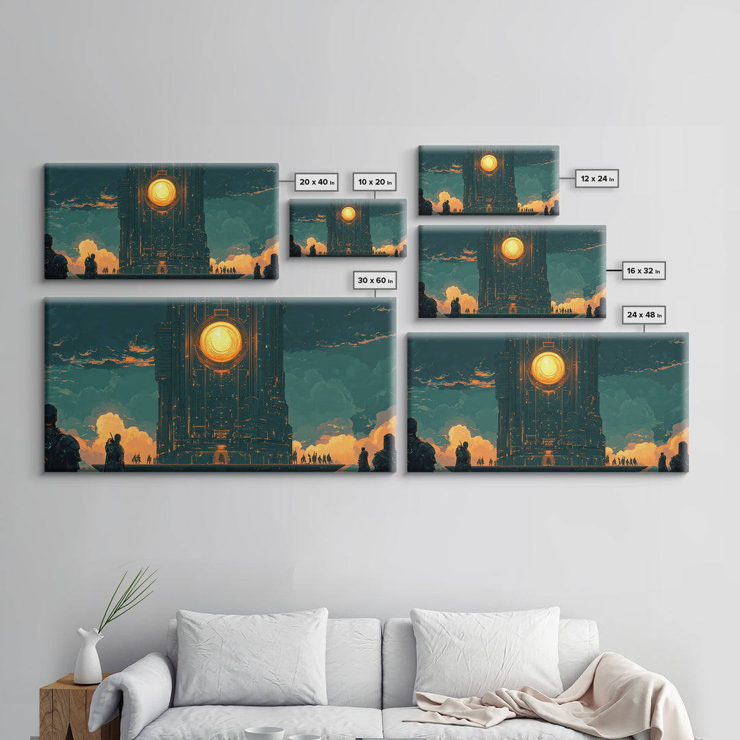 Dark Monolithic Sun Portal Framed Canvas Print, Sci Fi Wall Art, Futuristic Decor, Moody Office Art, Masculine Wall Decor