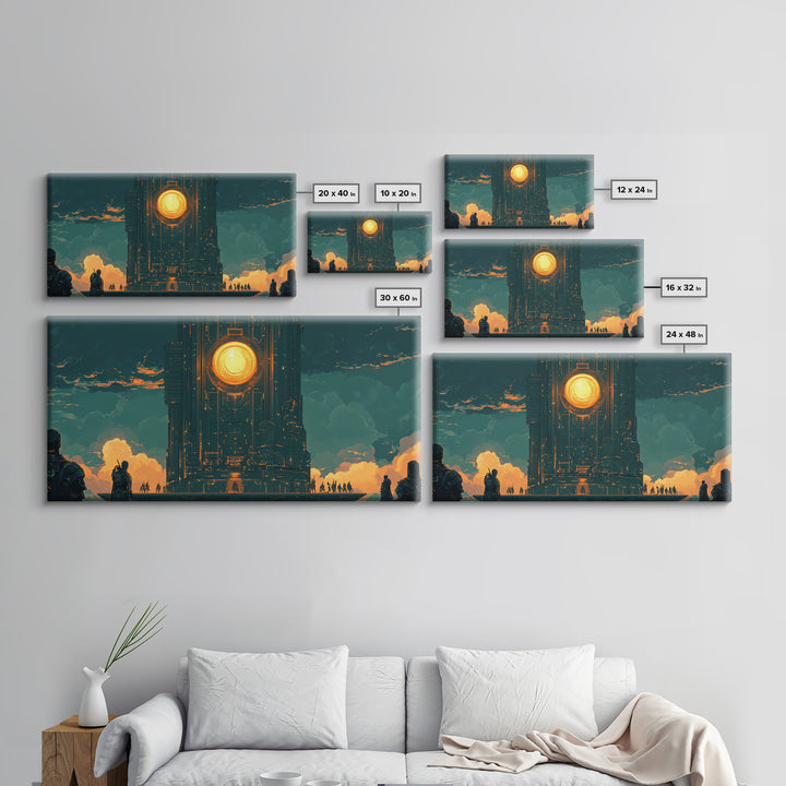 Dark Monolithic Sun Portal Framed Canvas Print, Sci Fi Wall Art, Futuristic Decor, Moody Office Art, Masculine Wall Decor