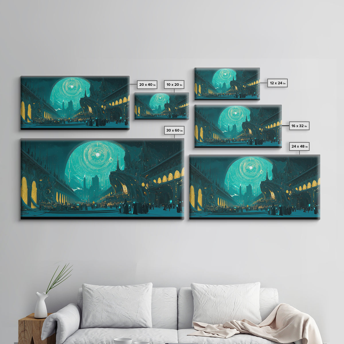 Teal Gothic Moonlit City Canvas Print, Sci Fi Wall Art, Celestial Decor, Futuristic Living Room Decor, Statement Artwork Gift