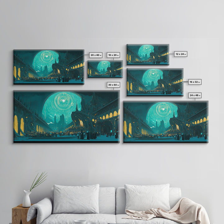 Teal Gothic Moonlit City Canvas Print, Sci Fi Wall Art, Celestial Decor, Futuristic Living Room Decor, Statement Artwork Gift