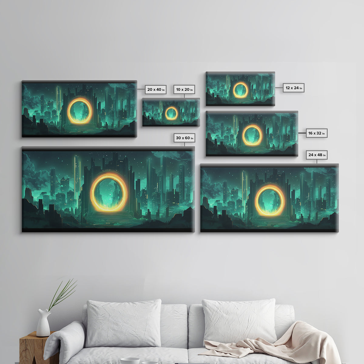 Emerald Futuristic City Ring Portal Canvas Print, Sci Fi Wall Art, Cyberpunk Decor, Modern Office Decor, Statement Gift For Him