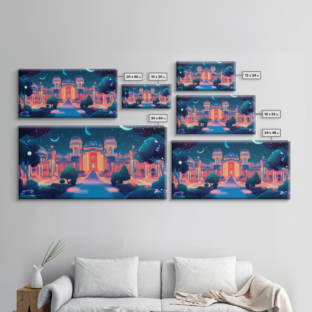 Neon Celestial Palace Under Crescent Moons Wall Art, Fantasy City Canvas Print, Maximalist Decor, Bedroom Wall Decor Gift