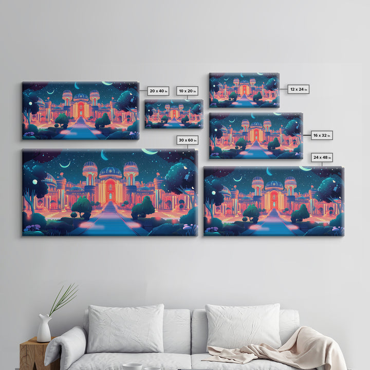 Neon Celestial Palace Under Crescent Moons Wall Art, Fantasy City Canvas Print, Maximalist Decor, Bedroom Wall Decor Gift