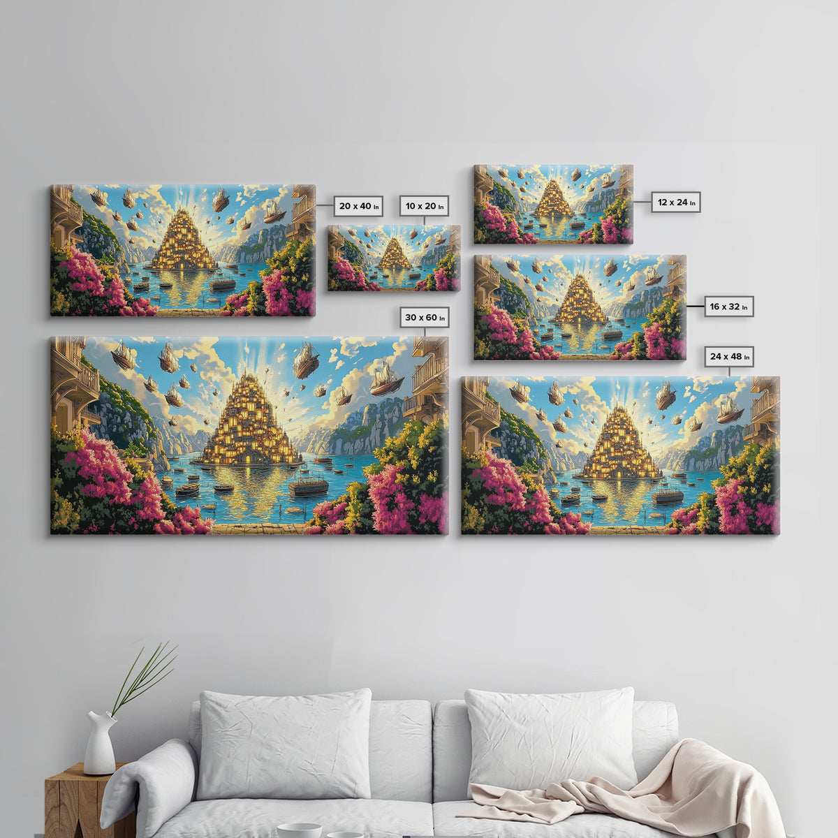 Golden Floating Island City Over Turquoise Sea Wall Art, Fantasy Landscape Canvas Print, Coastal Decor, Travel Poster Gift