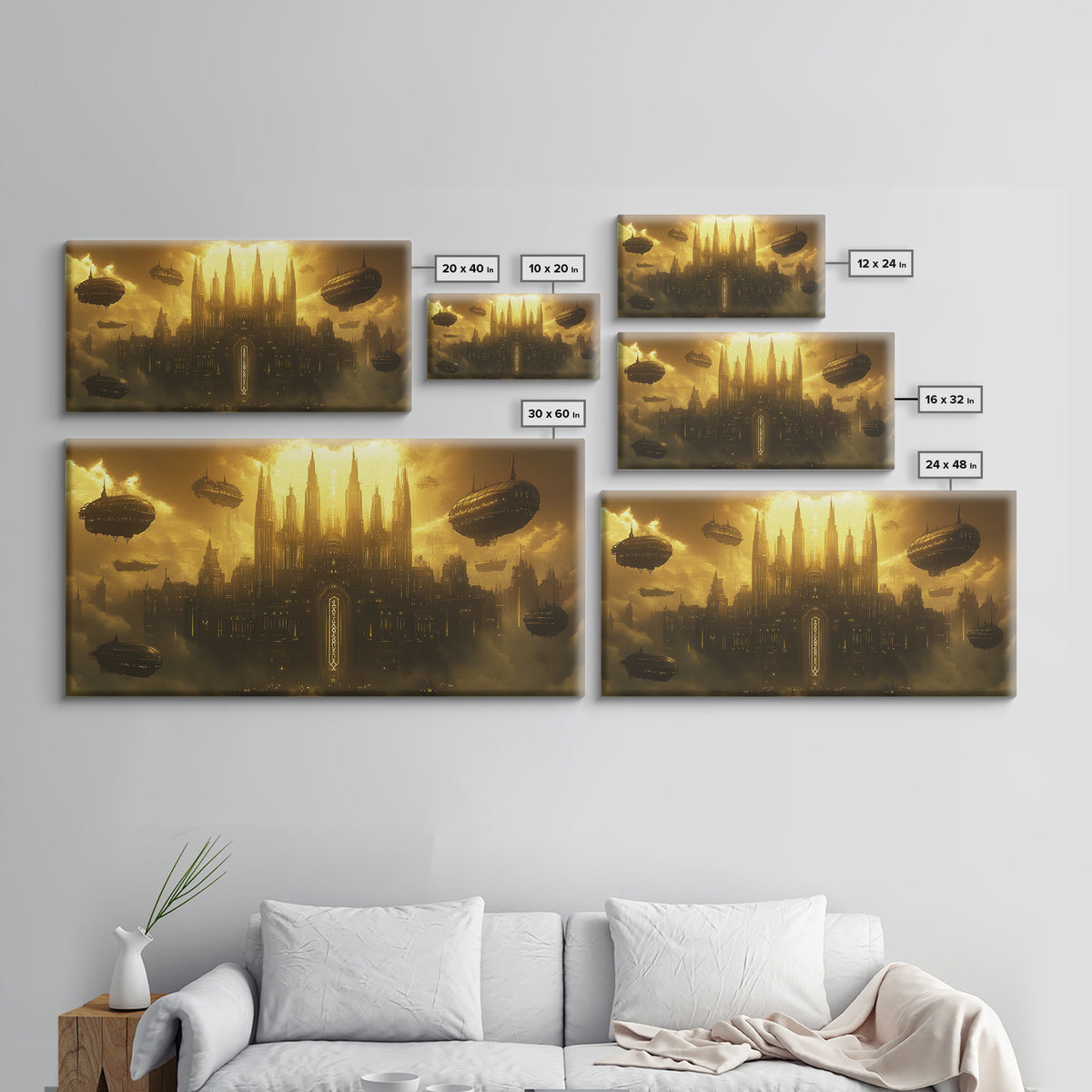 Dark Golden Sky Cathedral With Airships Wall Art, Gothic Fantasy Canvas Print, Moody Office Decor, Steampunk Home Decor Gift