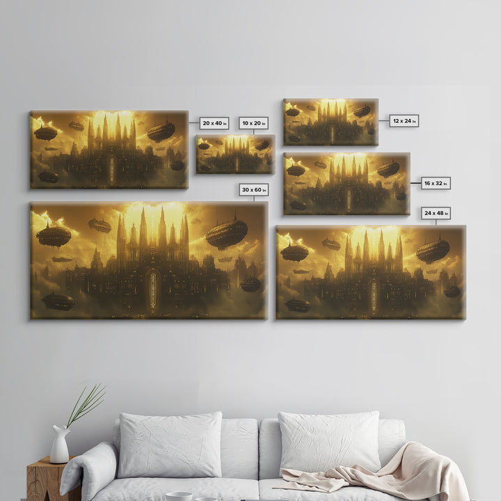 Dark Golden Sky Cathedral With Airships Wall Art, Gothic Fantasy Canvas Print, Moody Office Decor, Steampunk Home Decor Gift