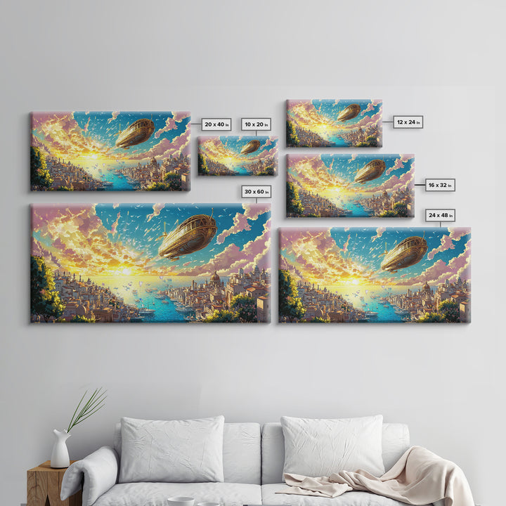 Sunset Harbor City With Golden Airship Wall Art, Mediterranean Canvas Print, Travel Poster, Coastal Living Room Decor Gift