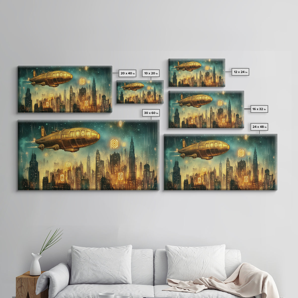 Golden Retro Airship Above Futuristic City Wall Art, Sci Fi Canvas Print, Cyberpunk Decor, Modern Office Wall Art Gift For Him