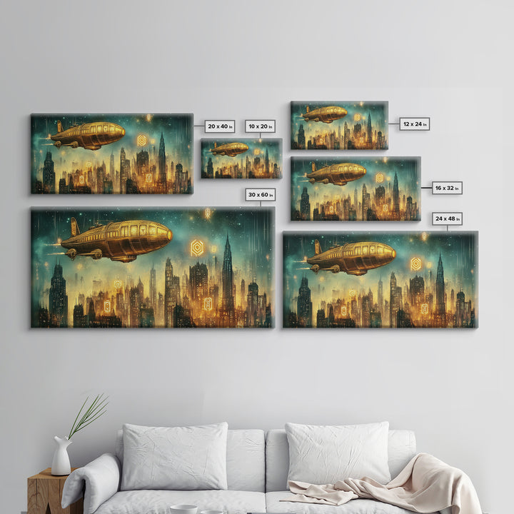 Golden Retro Airship Above Futuristic City Wall Art, Sci Fi Canvas Print, Cyberpunk Decor, Modern Office Wall Art Gift For Him