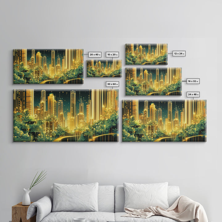 Luminous Garden Skyline In Golden Futuristic City Wall Art, Modern Canvas Print, Green Wall Decor, Home Office Decor Gift