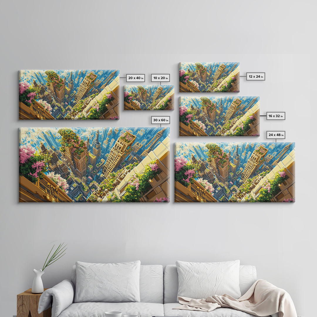 Aerial Skyscraper Gardens And Flowered Balconies Wall Art, Modern City Canvas Print, Urban Home Decor, Large Wall Art Gift