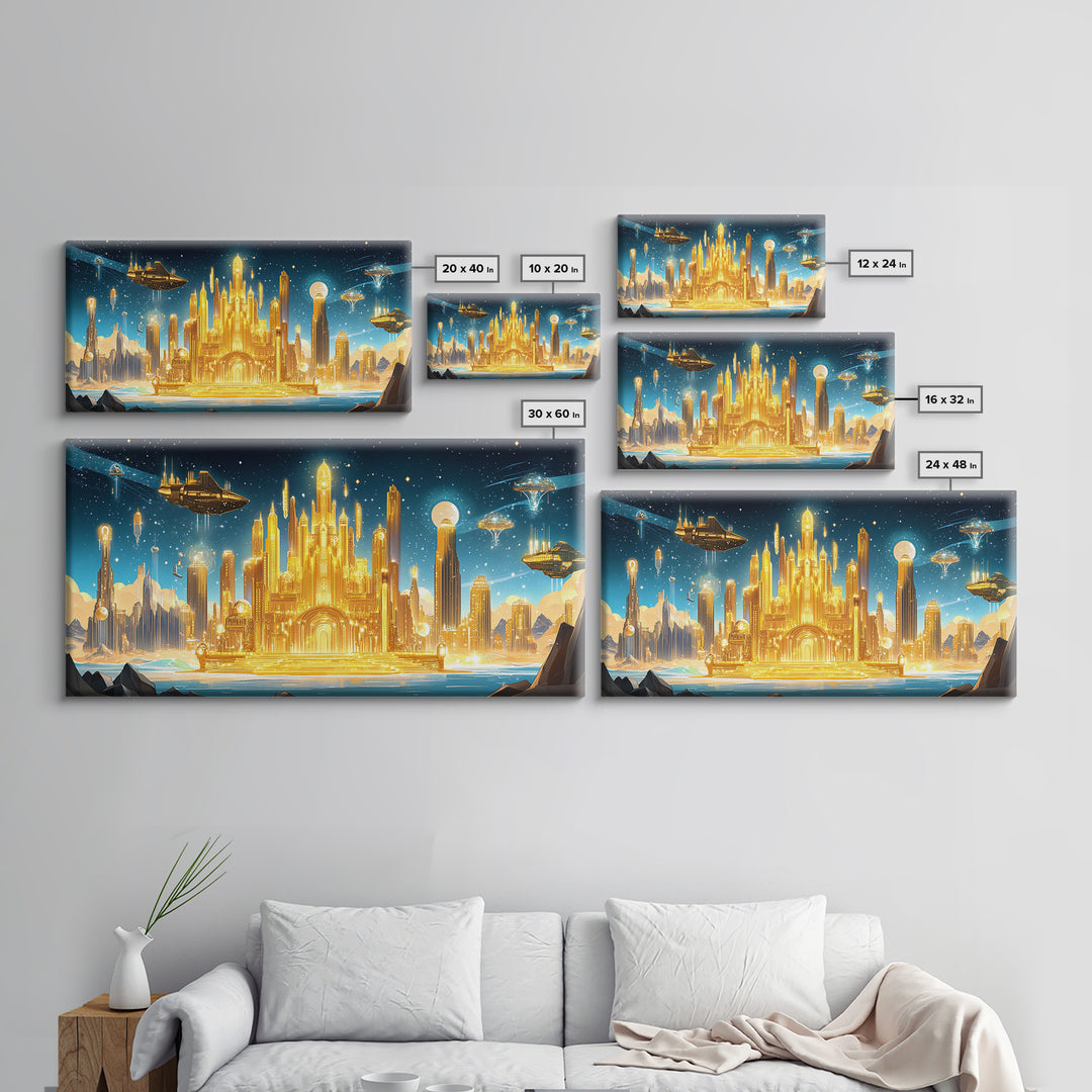Radiant Golden Sci Fi Citadel Beneath Moonlit Sky Wall Art, Futuristic Canvas Print, Space Decor, Statement Wall Art Gift