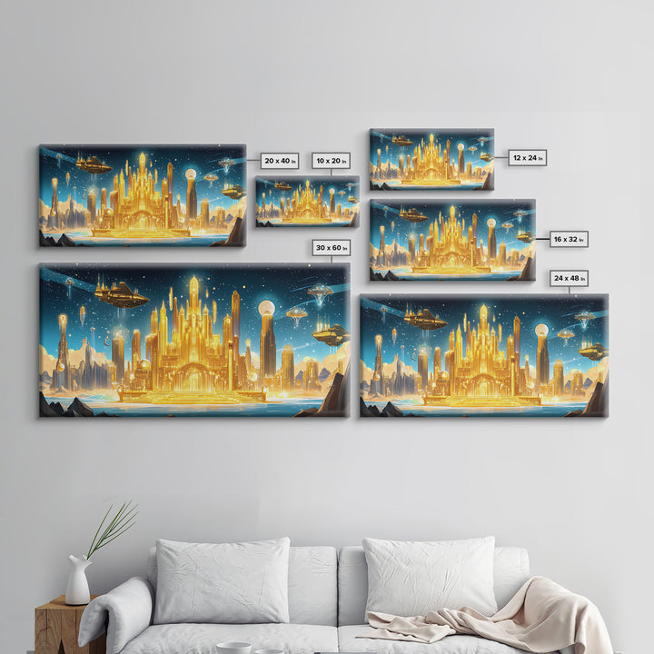 Radiant Golden Sci Fi Citadel Beneath Moonlit Sky Wall Art, Futuristic Canvas Print, Space Decor, Statement Wall Art Gift