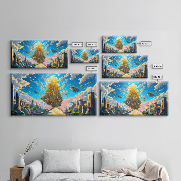 Floating Golden Pyramid City Above Ancient Ruins Wall Art, Fantasy Canvas Print, Surreal Landscape Art, Large Wall Decor
