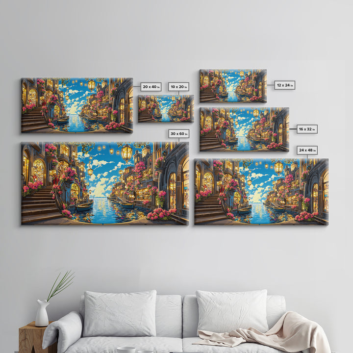 Flower Lined Canal Street With Lanterns Wall Art, Mediterranean Canvas Print, Coastal City Decor, Living Room Wall Art Gift