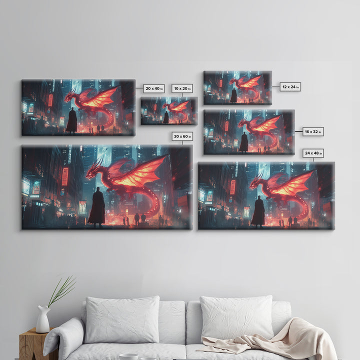 Neon Cyberpunk Dragon City Wall Art, Futuristic Sci Fi Fantasy Poster, Gaming Room Decor, Dystopian Urban Canvas Print Gift