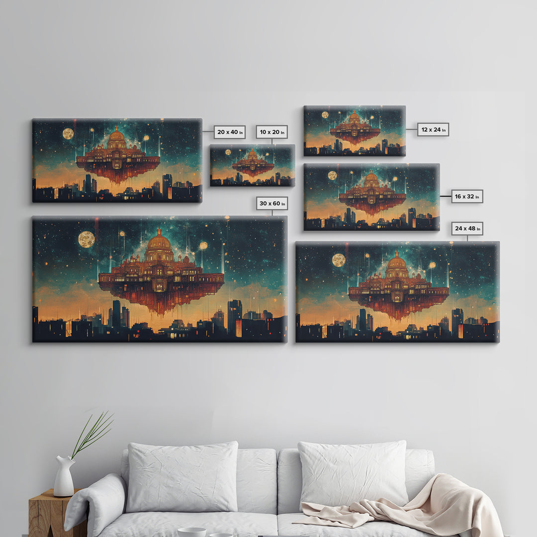 Floating Celestial Palace Wall Art, Starry Futuristic Cityscape, Surreal Architecture Framed Canvas Print, Office Decor Gift