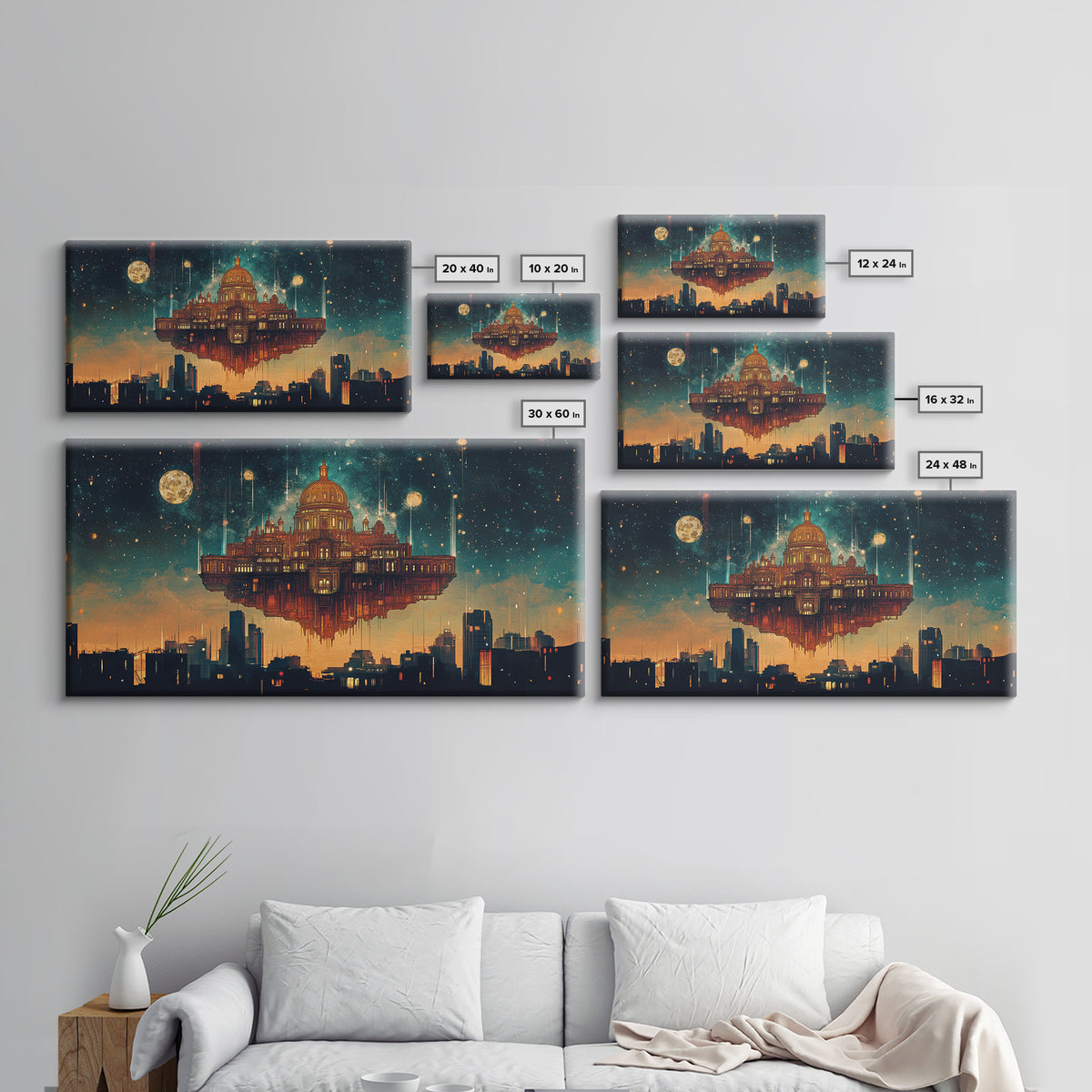 Floating Celestial Palace Wall Art, Starry Futuristic Cityscape, Surreal Architecture Framed Canvas Print, Office Decor Gift
