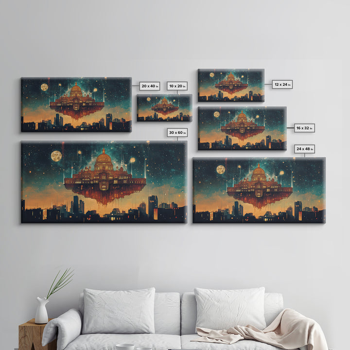 Floating Celestial Palace Wall Art, Starry Futuristic Cityscape, Surreal Architecture Framed Canvas Print, Office Decor Gift