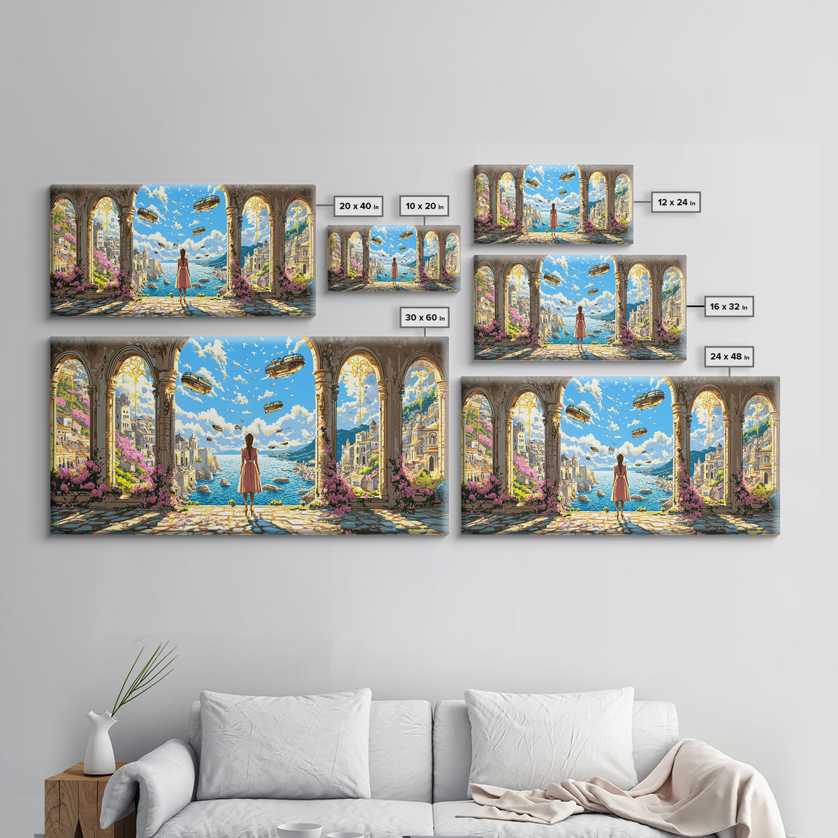 Arched Seaside Portal With Airships Framed Canvas Print, Fantasy Coastal Wall Art, Dreamy Travel Home Decor, Gift For Her