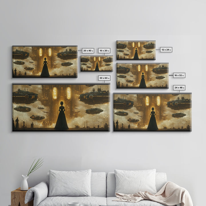 Elegant Woman And Golden Airships Wall Art, Steampunk Fantasy Framed Canvas Print, Dark Academia Decor, Sci Fi Gift For Him