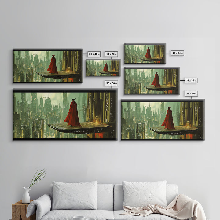 Red Cloaked Figure Above Futuristic City Wall Art, Sci Fi Fantasy Canvas Print, Dystopian Skyline, Modern Office Decor Gift