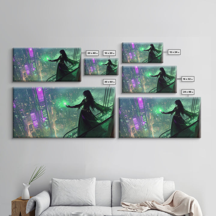 Neon Sorceress Over Cyberpunk Skyline Canvas Print, Futuristic Wall Art, Sci Fi Fantasy Decor, Unique Gaming Room Gift For Her