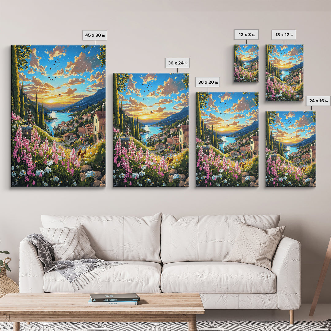 Sunset Lake Como Village With Wildflowers Canvas Print, Italian Landscape Wall Art, Mediterranean Travel Home Decor Gift For Her
