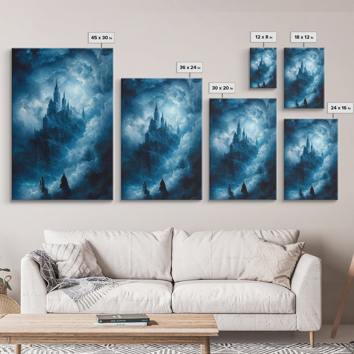 Blue Gothic Castle In Storm Clouds Framed Canvas Print, Dark Fantasy Wall Art, Moody Castle Poster For Bedroom Decor Gift