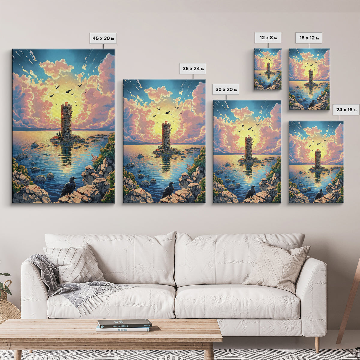 Sunset Lighthouse On Calm Sea With Raven Wall Art, Coastal Fantasy Canvas Print, Ocean Landscape Poster Home Decor Gift For Her