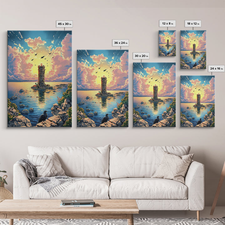 Sunset Lighthouse On Calm Sea With Raven Wall Art, Coastal Fantasy Canvas Print, Ocean Landscape Poster Home Decor Gift For Her