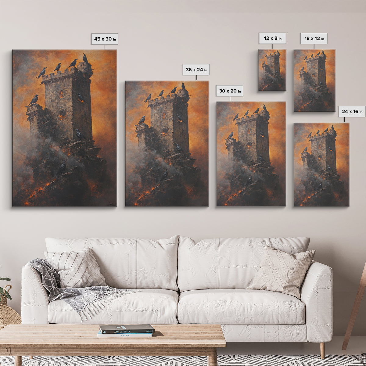 Burning Stone Tower With Black Ravens Framed Canvas Print, Gothic Dark Fantasy Wall Art, Moody Raven Castle Decor Gift For Him
