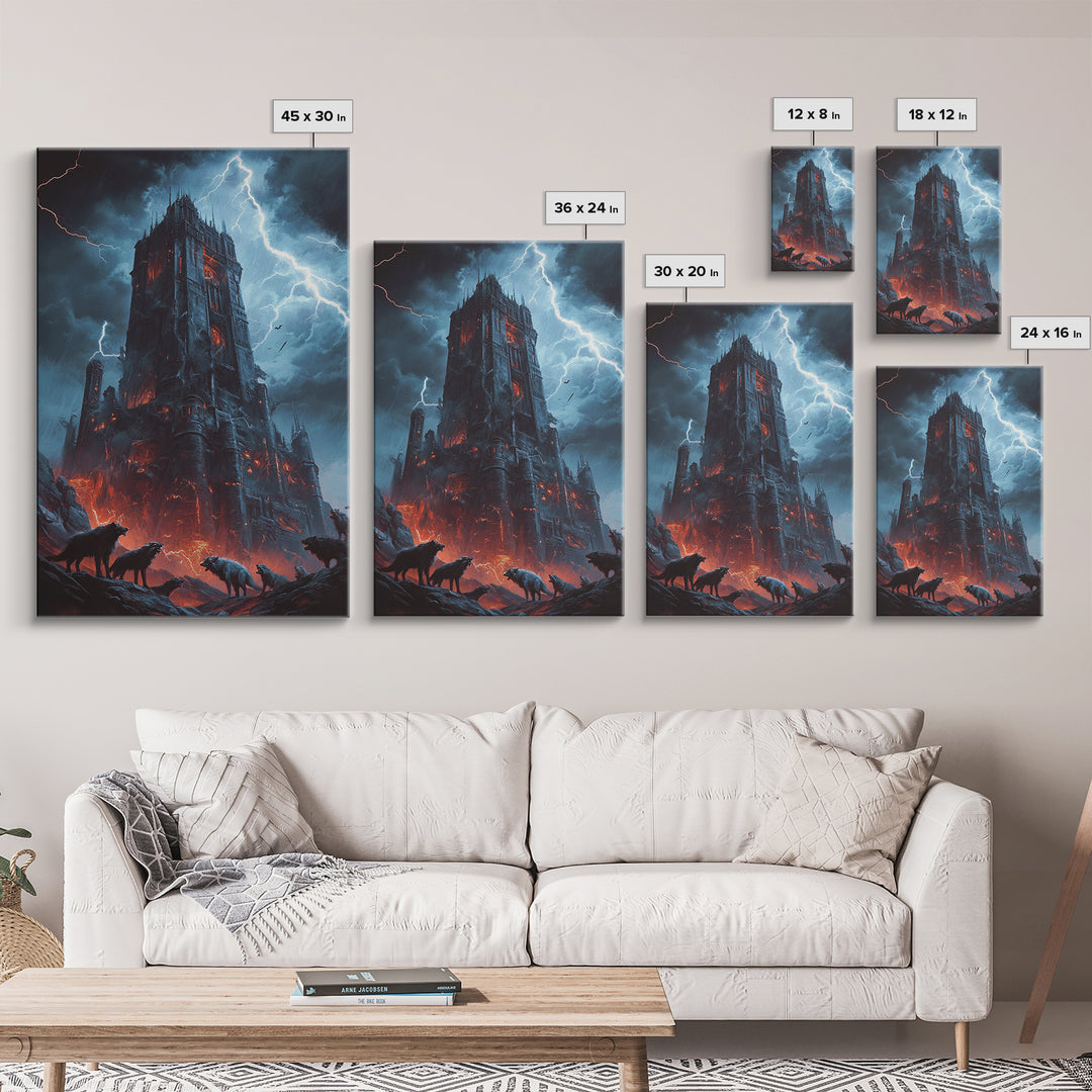 Fiery Gothic Fortress With Lightning And Wolves Wall Art, Dark Fantasy Framed Canvas Print, Horror Castle Decor Gift For Him
