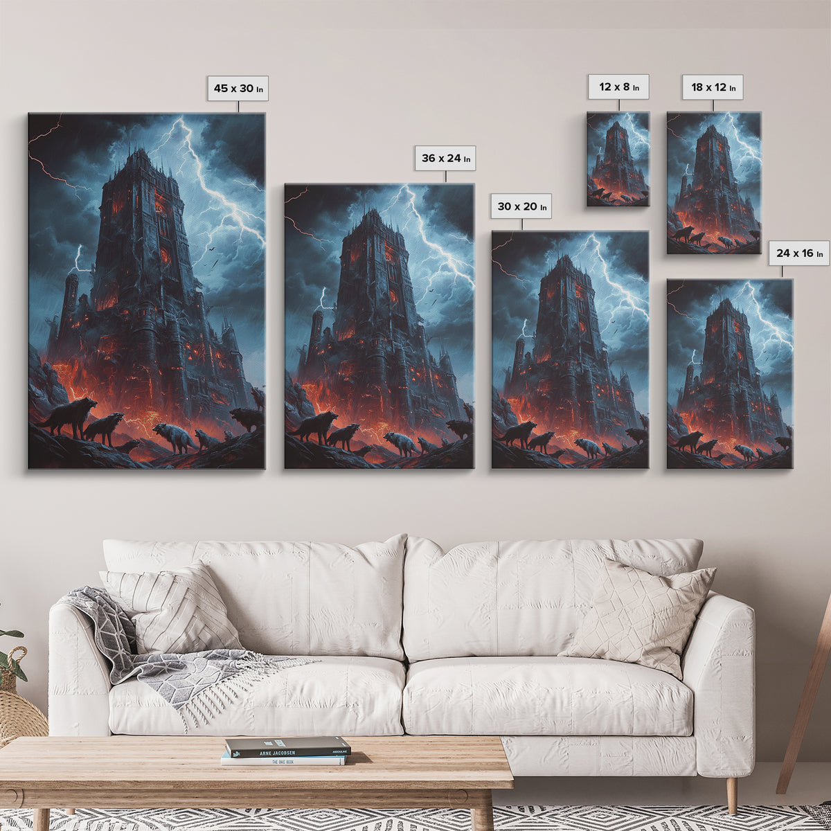 Fiery Gothic Fortress With Lightning And Wolves Wall Art, Dark Fantasy Framed Canvas Print, Horror Castle Decor Gift For Him