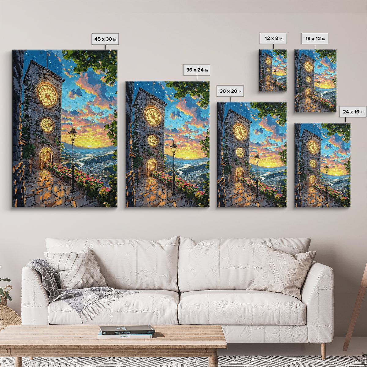 Glowing Clock Tower Over Coastal Village Canvas Print, Mediterranean Landscape Wall Art, Italy Travel Poster Home Decor Gift