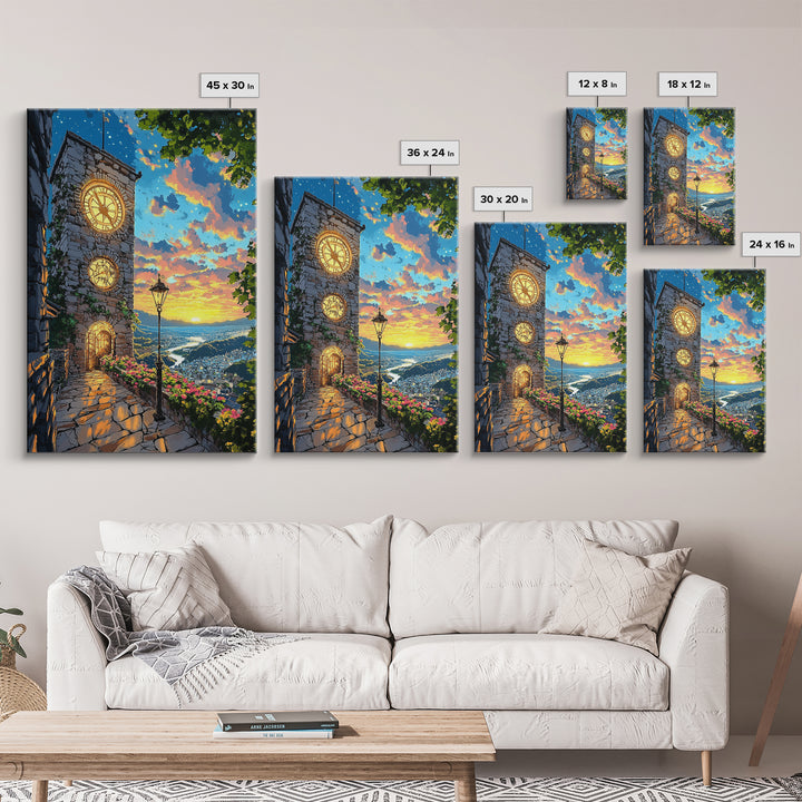 Glowing Clock Tower Over Coastal Village Canvas Print, Mediterranean Landscape Wall Art, Italy Travel Poster Home Decor Gift