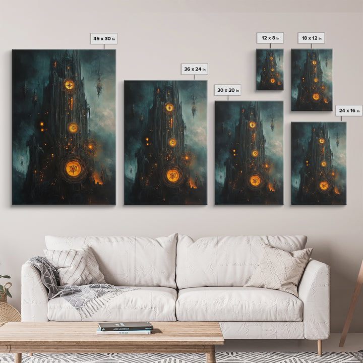 Dark Clockwork Gothic Tower With Glowing Gears Wall Art, Steampunk Fantasy Canvas Print, Moody Industrial Decor Gift For Him
