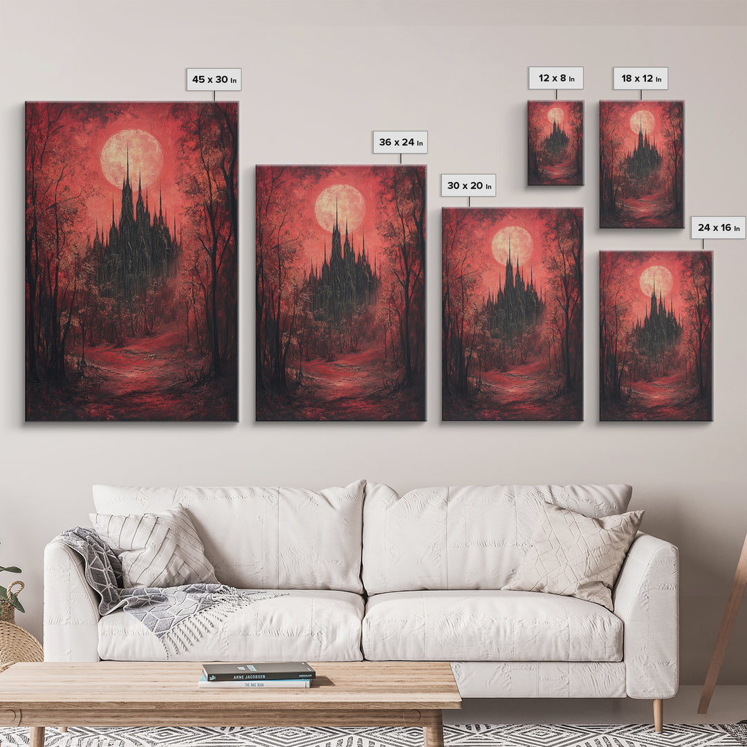 Red Moon Gothic Castle In Dark Forest Wall Art, Romantic Gothic Framed Canvas Print, Moody Halloween Bedroom Decor Gift For Her