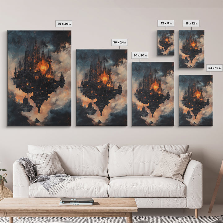 Dark Floating Gothic Castle, Fantasy Framed Canvas Print, Moody Cloudscape Wall Art, Dark Academia Home Decor Gift For Him