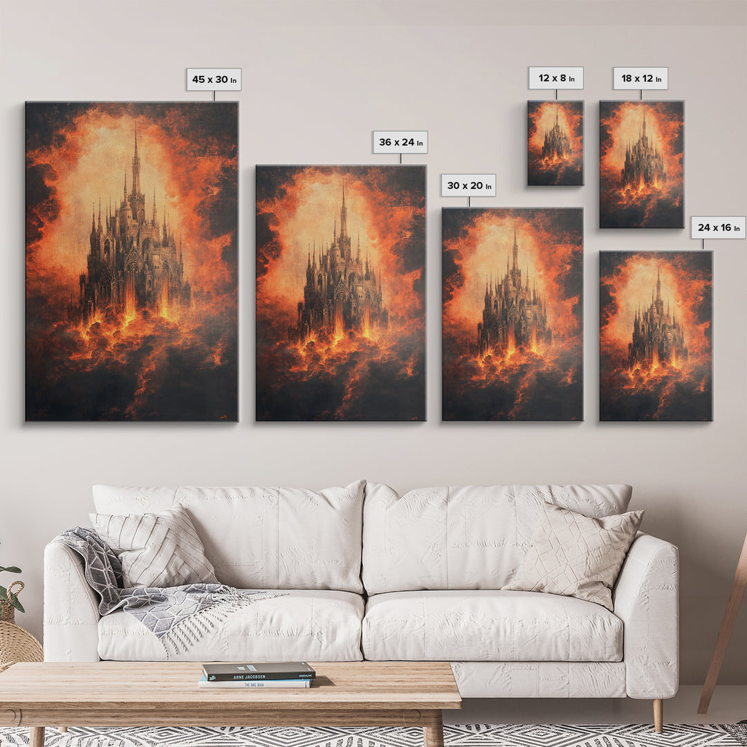 Fiery Gothic Cathedral In Storm Clouds, Dark Fantasy Canvas Print, Moody Wall Art, Gothic Dark Academia Home Decor Gift For Him