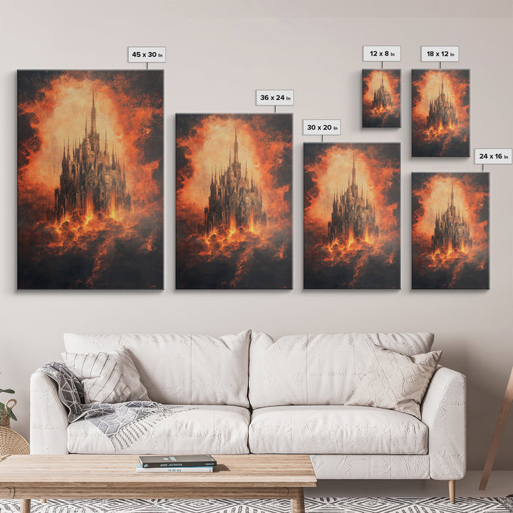 Fiery Gothic Cathedral In Storm Clouds, Dark Fantasy Canvas Print, Moody Wall Art, Gothic Dark Academia Home Decor Gift For Him