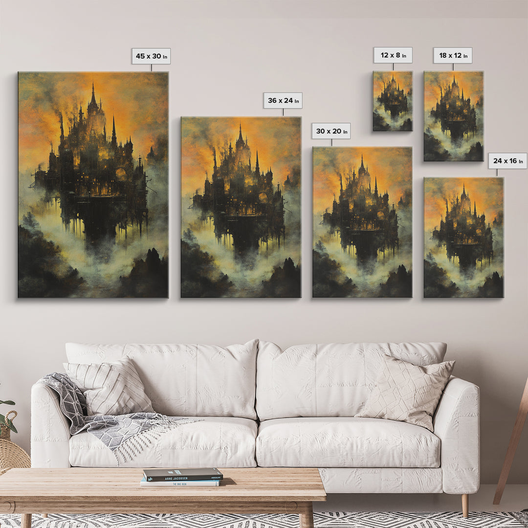 Moody Castle In Golden Mist, Dark Fantasy Framed Canvas Print, Gothic Wall Art, Dark Academia Living Room Decor Gift For Him