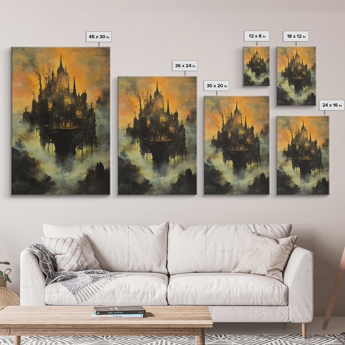 Moody Castle In Golden Mist, Dark Fantasy Framed Canvas Print, Gothic Wall Art, Dark Academia Living Room Decor Gift For Him