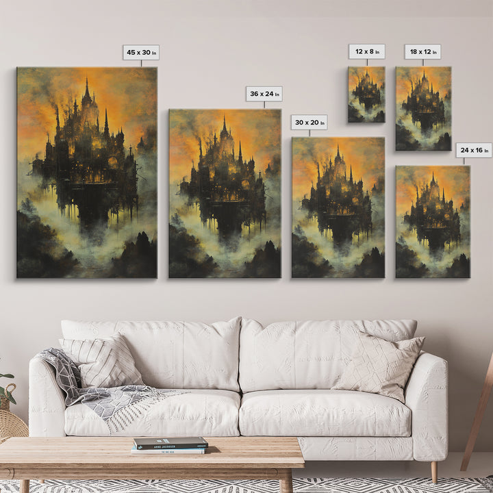 Moody Castle In Golden Mist, Dark Fantasy Framed Canvas Print, Gothic Wall Art, Dark Academia Living Room Decor Gift For Him