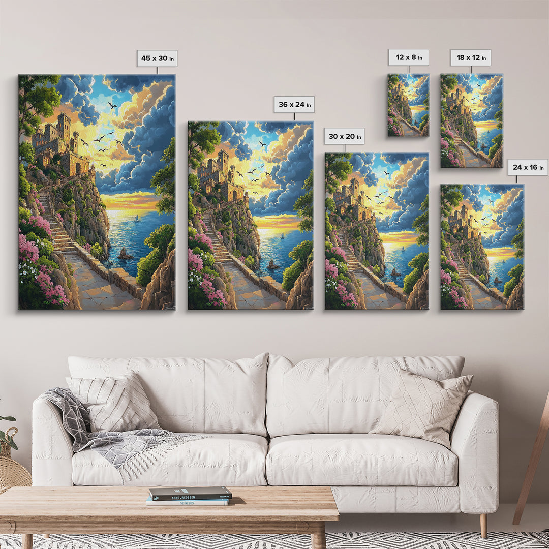Seaside Ruins Stairway At Sunset, Coastal Wall Art, Castle Landscape Canvas Print, Whimsical Mediterranean Home Decor Gift