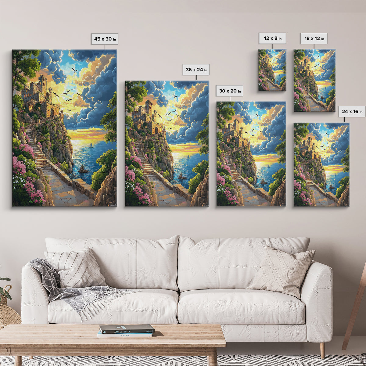 Seaside Ruins Stairway At Sunset, Coastal Wall Art, Castle Landscape Canvas Print, Whimsical Mediterranean Home Decor Gift
