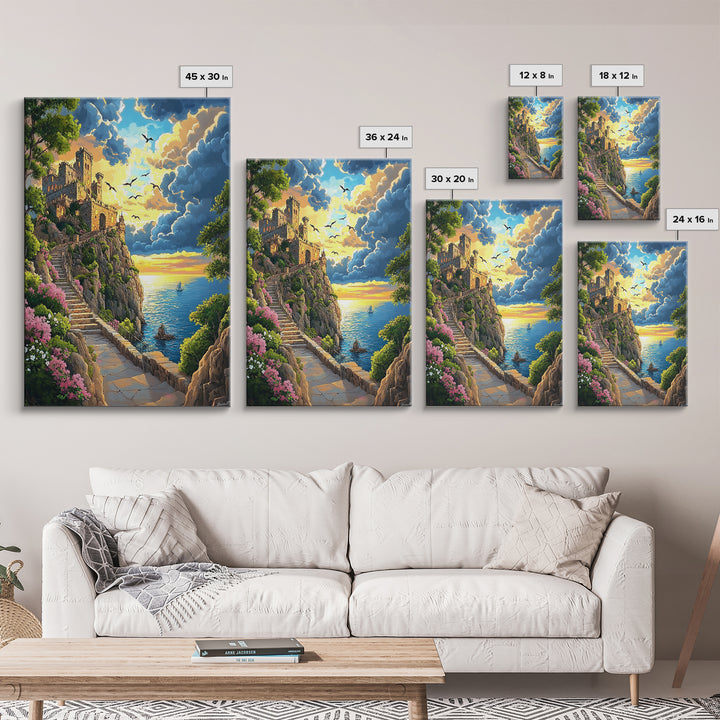Seaside Ruins Stairway At Sunset, Coastal Wall Art, Castle Landscape Canvas Print, Whimsical Mediterranean Home Decor Gift