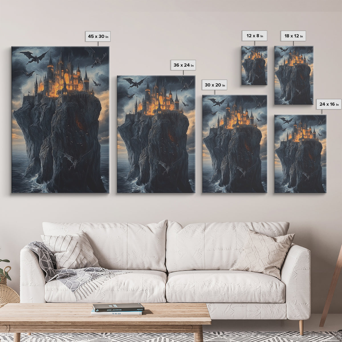 Gothic Dragon Castle On Sea Cliff Framed Canvas Print, Dark Fantasy Wall Art, Medieval Decor, Moody Castle Art Gift, Gothic Wall Decor